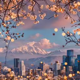 snow - covered mountain rises above the cityscape