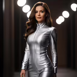 a woman wearing shiny silver clothing on the runway