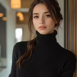 a woman in black sweater leaning up against wall