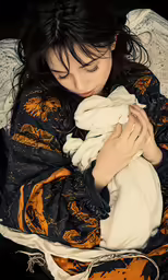 a woman holding a small white kitten sitting in a bed