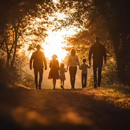 family walking down the road at sunset