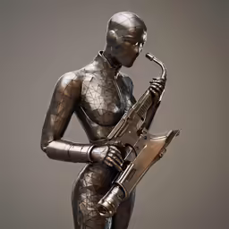 a robot playing a guitar statue made of silver metal