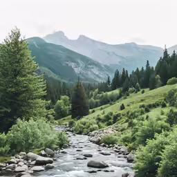 some trees water and grass mountains and rocks
