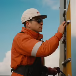 a man in orange jacket working on a wall