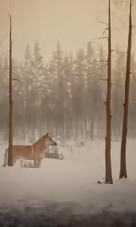 the wolf is standing in the snow between the trees
