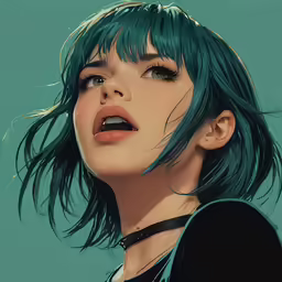 a woman with green hair wearing a black top