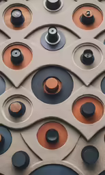 various black and orange knobs are on a wall