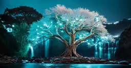 the majestic tree is surrounded by a river