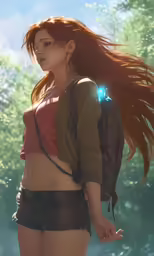 an animated girl with long hair wearing leather shorts and a jacket