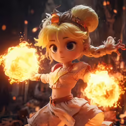 a little girl with horns on a doll and fire balls