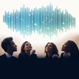 two women and a man look up at a colorful background