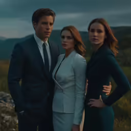 a couple and three women stand together while the camera takes a photo