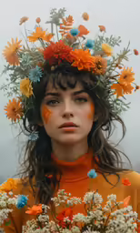 a woman with a flower crown and orange sweater
