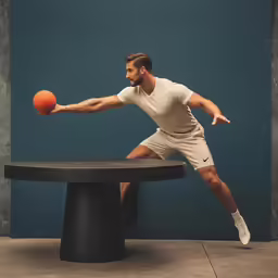 a young man standing near a table with a basketball in hand