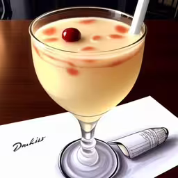 a drink in a wine glass on top of a table,an alcoholic beverage on a paper with a spoon