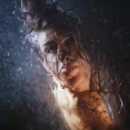 a woman is looking up with her wet arms in the water