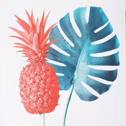 two tropical leaves and a strawberry are displayed in a painting
