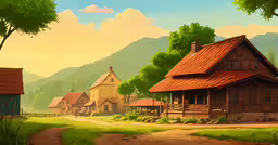 a rural scene features several rustic houses,a scenic scene showing several village buildings