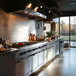 a kitchen that has a range and a hood over it