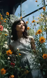 a woman with dark hair wearing a white dress stands among a bunch of flowers