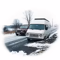 two vehicles driving along side of the road during winter