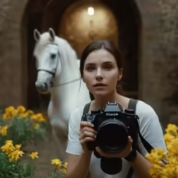 a woman is holding a camera while a horse is next to her