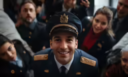 an uniformed man is surrounded by people