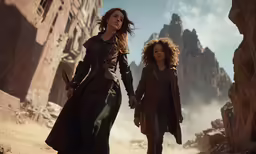 two young ladies are walking across the desert