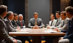 several men in suits sit around a conference table with papers