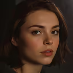 a woman with brown hair and orange eyes