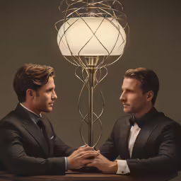 two men holding on to a fancy lamp that is standing on a table