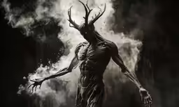 the man with horns and antlers standing in front of a fog filled forest