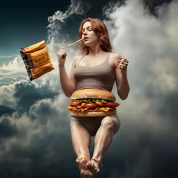 a woman in the air with a big hamburger and toothpick