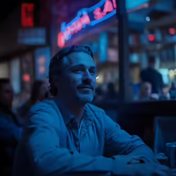 a man in white sweater sitting next to a bar