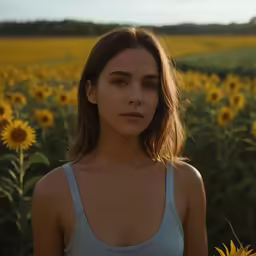 a girl stands in a field of sunflowers