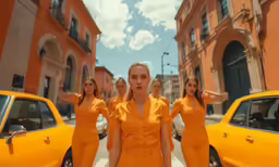 a woman in yellow standing between two parked cars