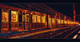a train at night in the rail yard,an empty train sitting on the tracks at night