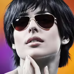 a woman in aviator glasses has her hand on the ear