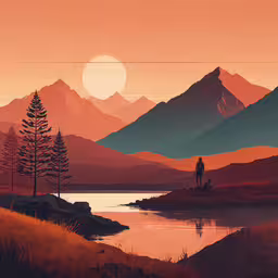 an orange colored painting of a man standing on a small hill over a lake,man standing in the wilderness at sunset near mountains