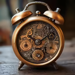 an old, rusted, antique alarm clock on wooden table