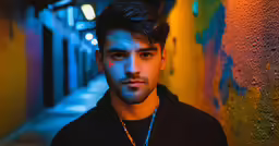 a man standing in front of a wall wearing a necklace