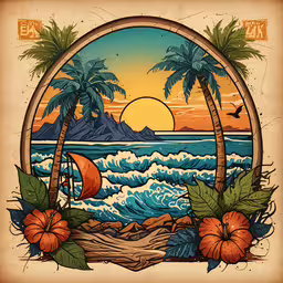 a sunset in the middle of some palm trees,a painting on canvas with tropical trees and an ocean scene