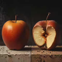 a red apple cut in half on a wooden table