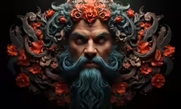 an orange, blue and red beard and some flowers