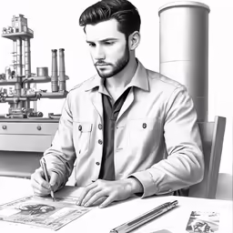 a man is sitting at a desk working on paper