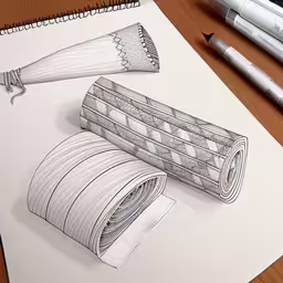 a drawing of two paper tubes laying on top of a desk,a drawing with markers and pencils on paper