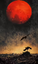 two birds flying towards the red moon