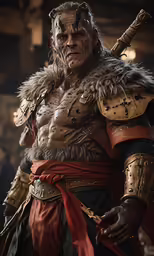 the elder man in a glad warrior costume stands alone with a sword