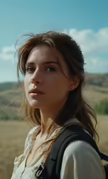 a woman is standing outdoors with a backpack