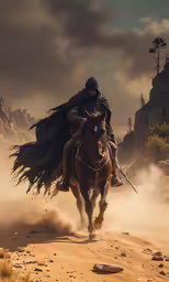a man riding on the back of a brown horse across a sandy road